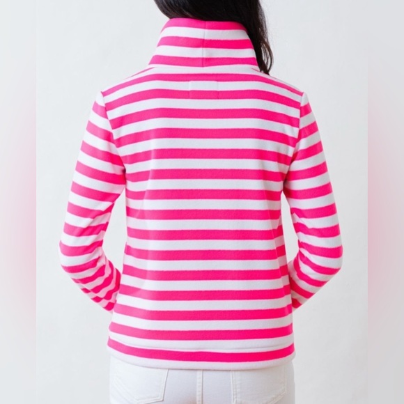 Dudley Stephens Park Slope Fleece Pullover Pink White Stripes Large Turtleneck - Picture 2 of 9